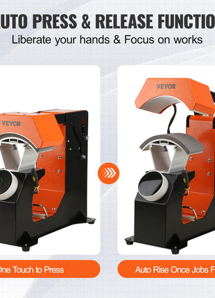 VEVOR auto press machine in orange and black, featuring one-touch press and automatic release function.