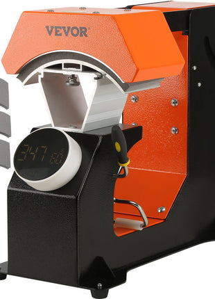 Vevor heat press machine in orange and black with digital display and three gray heat pads, ideal for custom apparel.