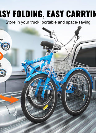 Folding Adult Tricycle, 24-Inch 7-Speed Adult Folding Trikes, Carbon Steel 3 Wheel Cruiser Bike with Basket & Adjustable Seat, Shopping Picnic Foldable Tricycles for Women, Men, Seniors (Blue)