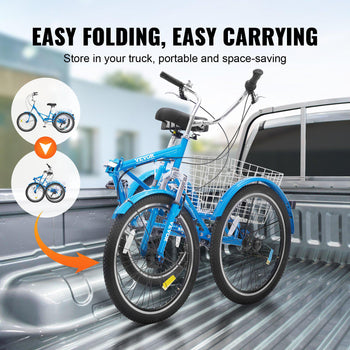 Folding Adult Tricycle, 24-Inch 7-Speed Adult Folding Trikes, Carbon Steel 3 Wheel Cruiser Bike with Basket & Adjustable Seat, Shopping Picnic Foldable Tricycles for Women, Men, Seniors (Blue)