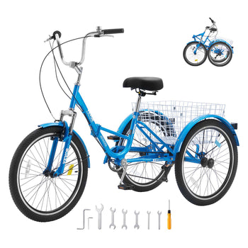 Folding Adult Tricycle, 24-Inch 7-Speed Adult Folding Trikes, Carbon Steel 3 Wheel Cruiser Bike with Basket & Adjustable Seat, Shopping Picnic Foldable Tricycles for Women, Men, Seniors (Blue)