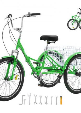 Folding Adult Tricycle, 24-Inch 7-Speed Adult Folding Trikes, Carbon Steel 3 Wheel Cruiser Bike with Basket & Adjustable Seat, Shopping Picnic Foldable Tricycles for Women, Men, Seniors (Green)