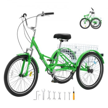 Folding Adult Tricycle, 24-Inch 7-Speed Adult Folding Trikes, Carbon Steel 3 Wheel Cruiser Bike with Basket & Adjustable Seat, Shopping Picnic Foldable Tricycles for Women, Men, Seniors (Green)
