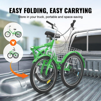 Folding Adult Tricycle, 24-Inch 7-Speed Adult Folding Trikes, Carbon Steel 3 Wheel Cruiser Bike with Basket & Adjustable Seat, Shopping Picnic Foldable Tricycles for Women, Men, Seniors (Green)