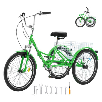 Folding Adult Tricycle, 24-Inch 7-Speed Adult Folding Trikes, Carbon Steel 3 Wheel Cruiser Bike with Basket & Adjustable Seat, Shopping Picnic Foldable Tricycles for Women, Men, Seniors (Green)