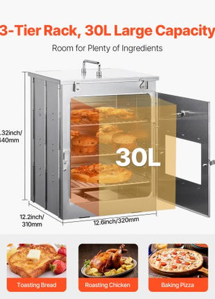 Foldable Camping Oven, Stainless Steel Portable Camping Stove, with 3 Tier Grill, Handle and Thermometer, Use with Wood Burning Fire, Propane Stoves, for Baking Bread, Pizza, Outdoor Cooking