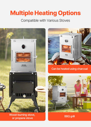 Foldable Camping Oven, Stainless Steel Portable Camping Stove, with 3 Tier Grill, Handle and Thermometer, Use with Wood Burning Fire, Propane Stoves, for Baking Bread, Pizza, Outdoor Cooking