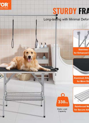 Pet Grooming Table Two Arms with Clamp, 46'' Dog Grooming Station, Foldable Pets Grooming Stand for Medium and Small Dogs, Free No Sit Haunch Holder with Grooming Loop, Bearing 330lbs