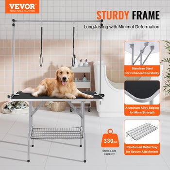 Pet Grooming Table Two Arms with Clamp, 46'' Dog Grooming Station, Foldable Pets Grooming Stand for Medium and Small Dogs, Free No Sit Haunch Holder with Grooming Loop, Bearing 330lbs