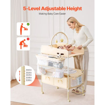 Baby Changing Table, Foldable Diaper Change Station with 2 Fabric Drawers, Side Basket & Hanging Rod, Adjustable Height Portable Changing Table with Lockable Wheels & 2 Star Toys, Light Beige