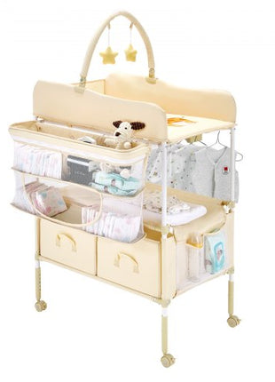 Baby Changing Table, Foldable Diaper Change Station with 2 Fabric Drawers, Side Basket & Hanging Rod, Adjustable Height Portable Changing Table with Lockable Wheels & 2 Star Toys, Light Beige