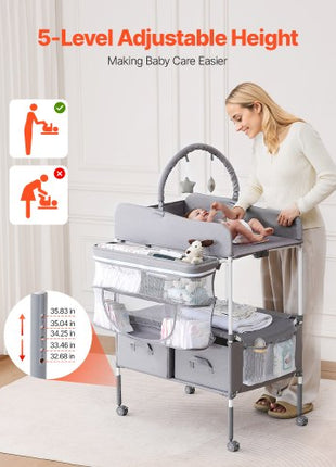 Baby Changing Table, Foldable Diaper Change Station with 2 Fabric Drawers, Side Basket & Hanging Rod, Adjustable Height Portable Changing Table with Lockable Wheels & 2 Star Toys, Light Gray