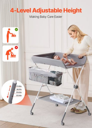 Baby Changing Table, Foldable Diaper Change Station with Side Basket, Adjustable Height Portable Changing Table with Lockable Wheels, Multi-Functional Storage Organizer Nursery, Light Gray