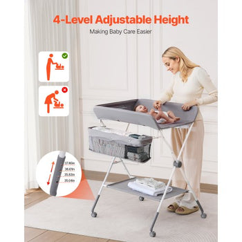 Baby Changing Table, Foldable Diaper Change Station with Side Basket, Adjustable Height Portable Changing Table with Lockable Wheels, Multi-Functional Storage Organizer Nursery, Light Gray
