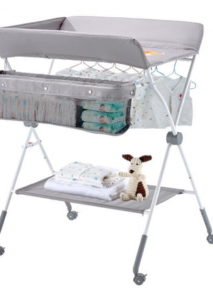 Baby Changing Table, Foldable Diaper Change Station with Side Basket, Adjustable Height Portable Changing Table with Lockable Wheels, Multi-Functional Storage Organizer Nursery, Light Gray