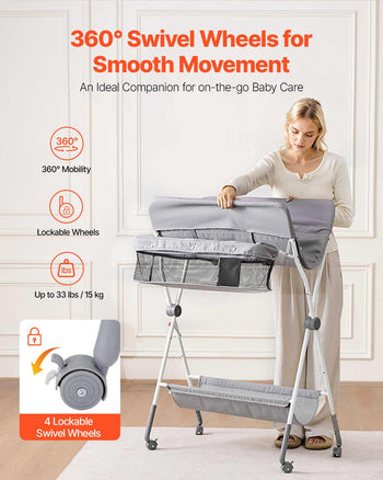 Baby Changing Table, Foldable Diaper Change Station with Side Basket, Adjustable Height Portable Changing Table with Lockable Wheels, Multi-Functional Storage Organizer Nursery, Light Gray