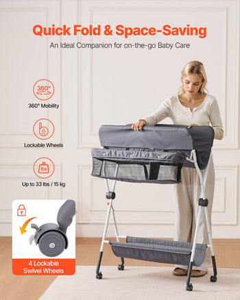 Baby Changing Table, Foldable Diaper Change Station with Side Basket, Adjustable Height Portable Changing Table with Lockable Wheels, Multi-Functional Storage Organizer Nursery, Dark Gray