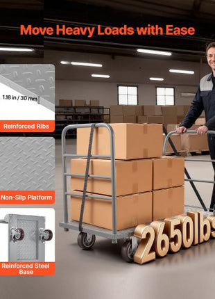 Platform Truck, 2650 lbs Capacity, Heavy Duty Flatbed Cart Dolly with Detachable Guardrail and Swivel Wheels, Foldable Hand Push Truck Cart, for Groceries, Garage, Warehouse, 48 x 24 x 36.2 in