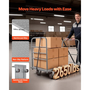 Platform Truck, 2650 lbs Capacity, Heavy Duty Flatbed Cart Dolly with Detachable Guardrail and Swivel Wheels, Foldable Hand Push Truck Cart, for Groceries, Garage, Warehouse, 48 x 24 x 36.2 in