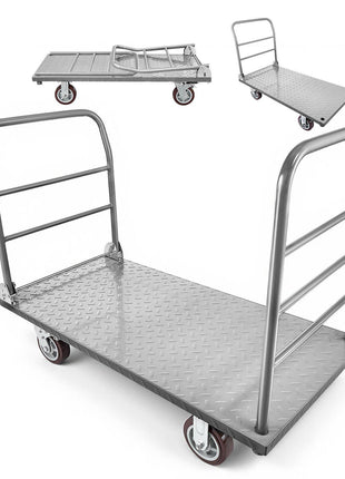 Platform Truck, 2650 lbs Capacity, Heavy Duty Flatbed Cart Dolly with Detachable Guardrail and Swivel Wheels, Foldable Hand Push Truck Cart, for Groceries, Garage, Warehouse, 48 x 24 x 36.2 in