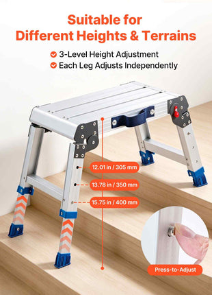 Folding Work Platform, Adjustable Height 12-16 in, 500 lbs Capacity Aluminum Step Stool, Heavy Duty Non-Slip Platform Ladder, Portable Work Bench for Painting, Cleaning, Home & Professional Use