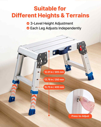 Folding Work Platform, Adjustable Height 12-16 in, 500 lbs Capacity Aluminum Step Stool, Heavy Duty Non-Slip Platform Ladder, Portable Work Bench for Painting, Cleaning, Home & Professional Use
