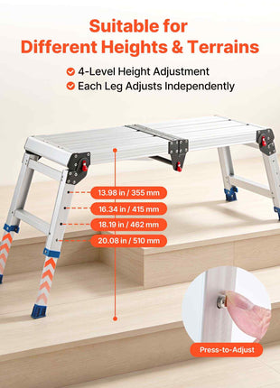 Folding Work Platform, Adjustable Height 14.2-20 in, 500 lbs Capacity Aluminum Step Stool, Heavy Duty Non-Slip Platform Ladder, Portable Work Bench for Painting, Cleaning, Home & Professional