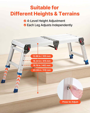 Folding Work Platform, Adjustable Height 14.2-20 in, 500 lbs Capacity Aluminum Step Stool, Heavy Duty Non-Slip Platform Ladder, Portable Work Bench for Painting, Cleaning, Home & Professional