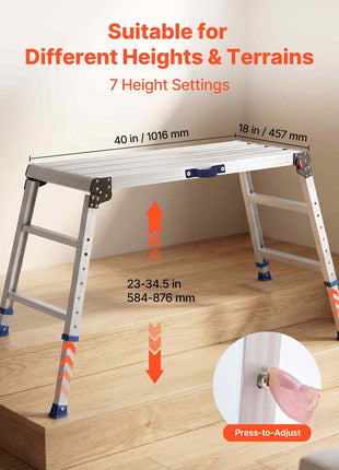 Folding Work Platform, Adjustable Height 23-34.5 in, 40 x 18 in Aluminum Step Stool, 500 lbs Load Capacity, Heavy Duty Non-Slip Platform Ladder, Portable Work Bench for Painting, Maintenance