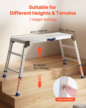 Folding Work Platform, Adjustable Height 23-34.5 in, 40 x 18 in Aluminum Step Stool, 500 lbs Load Capacity, Heavy Duty Non-Slip Platform Ladder, Portable Work Bench for Painting, Maintenance