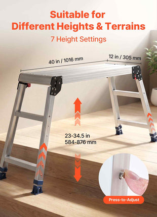 Folding Work Platform, Adjustable Height 23-34.5 in, 40 x 12 in Aluminum Step Stool, 500 lbs Load Capacity, Heavy Duty Non-Slip Platform Ladder, Portable Work Bench for Painting, Maintenance