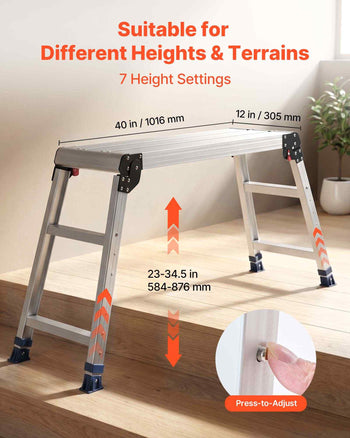 Folding Work Platform, Adjustable Height 23-34.5 in, 40 x 12 in Aluminum Step Stool, 500 lbs Load Capacity, Heavy Duty Non-Slip Platform Ladder, Portable Work Bench for Painting, Maintenance