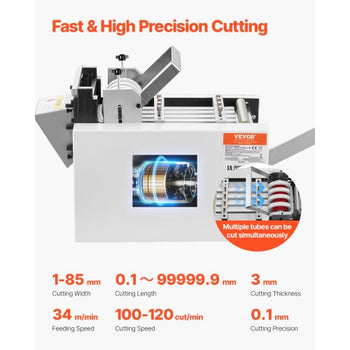 Auto Heat-Shrink Tube Cutter, Cable Pipe Cutting Machine with 1mm-85mm Cutting Width, 0.1mm-99999.9mm Length, Automatic Tube Cutter for Heat Shrink Tube, Fiberglass Tube, Cable, Yellow Wax Tubes