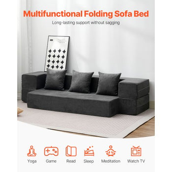 Folding Sofa Bed, 3-in-1 Foldable Couch Bed with 3 Pillows and Washable Cover, 25D High Density Memory Foam Convertible Sleeper Chair Bed, Futon Couch for Living Room, Bedroom, Dark Grey(Twin)