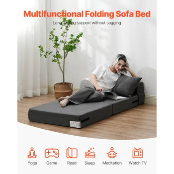 Folding Sofa Bed, 3-in-1 Foldable Couch Bed with 2 Pillows and Washable Cover, 25D High Density Memory Foam Convertible Sleeper Chair Bed, Futon Couch for Living Room, Bedroom, Dark Grey(Single)