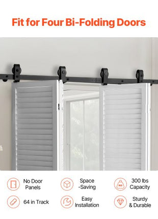Bi-Folding Sliding Barn Door Hardware Track Kit, 64" Top Mount Track Kit, Slide Smoothly & Quietly, Heavy Duty, Easy to Install, Suitable for Four 15" Closet Pantry Laundry Doors (Not Included)