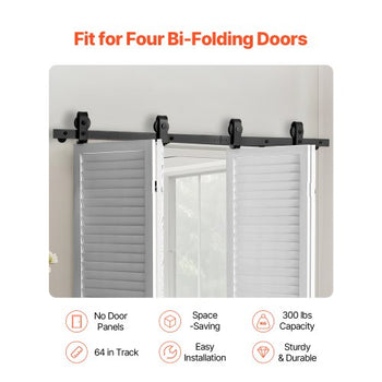 Bi-Folding Sliding Barn Door Hardware Track Kit, 64" Top Mount Track Kit, Slide Smoothly & Quietly, Heavy Duty, Easy to Install, Suitable for Four 15" Closet Pantry Laundry Doors (Not Included)