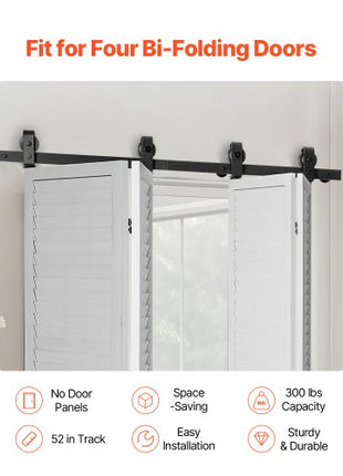 Bi-Folding Sliding Barn Door Hardware Track Kit, 52" Top Mount Track Kit, Slide Smoothly & Quietly, Heavy Duty, Easy to Install, Suitable for Four 12" Closet Pantry Laundry Doors (Not Included)