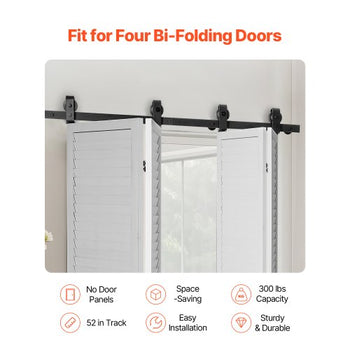 Bi-Folding Sliding Barn Door Hardware Track Kit, 52" Top Mount Track Kit, Slide Smoothly & Quietly, Heavy Duty, Easy to Install, Suitable for Four 12" Closet Pantry Laundry Doors (Not Included)