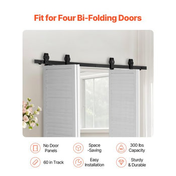 Bi-Folding Sliding Barn Door Hardware Track Kit, 60" Top Mount Track Kit, Slide Smoothly & Quietly, Heavy Duty, Easy to Install, Suitable for Four 14" Closet Pantry Laundry Doors (Not Included)