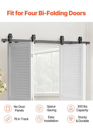 Bi-Folding Sliding Barn Door Hardware Track Kit, 76" Top Mount Track Kit, Slide Smoothly & Quietly, Heavy Duty, Easy to Install, Suitable for Four 18" Closet Pantry Laundry Doors (Not Included)