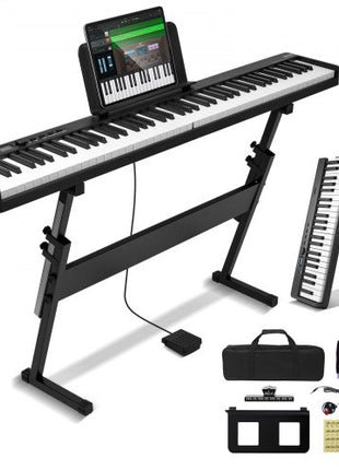 88 Key Folding Keyboard Piano, Bluetooth & MIDI, Portable Electronic Digital Foldable Piano with Stand Sustain Pedal Bag Touch Sensitive Keys, Rechargeable for Beginners Teens Adults, Black