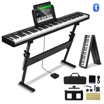 88 Key Folding Keyboard Piano, Bluetooth & MIDI, Portable Electronic Digital Foldable Piano with Stand Sustain Pedal Bag Touch Sensitive Keys, Rechargeable for Beginners Teens Adults, Black