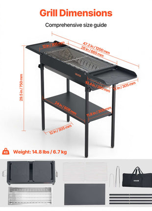 Foldable Charcoal Grill, Portable Charcoal Barbecue Grill with Adjustable Height & Folding Side Tables, High-Temp Powder-Coated Steel Outdoor BBQ Grills for Camping Backyard Parties