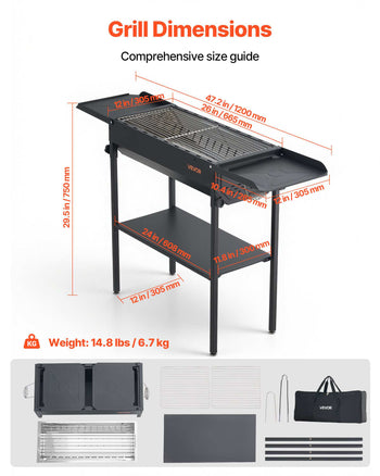 Foldable Charcoal Grill, Portable Charcoal Barbecue Grill with Adjustable Height & Folding Side Tables, High-Temp Powder-Coated Steel Outdoor BBQ Grills for Camping Backyard Parties