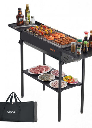 Foldable Charcoal Grill, Portable Charcoal Barbecue Grill with Adjustable Height & Folding Side Tables, High-Temp Powder-Coated Steel Outdoor BBQ Grills for Camping Backyard Parties