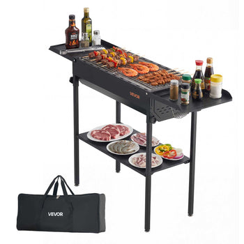 Foldable Charcoal Grill, Portable Charcoal Barbecue Grill with Adjustable Height & Folding Side Tables, High-Temp Powder-Coated Steel Outdoor BBQ Grills for Camping Backyard Parties