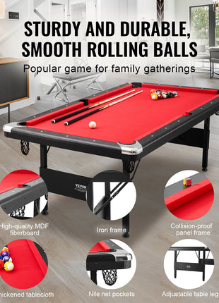 Billiards Table, 7 ft Pool Table, Portable Foldable Space-Saving Table, Billiard Table Set Includes Balls, Cues, Chalks and Brush, Black with Red Cloth, Perfect for Family Game Room Kids Adults