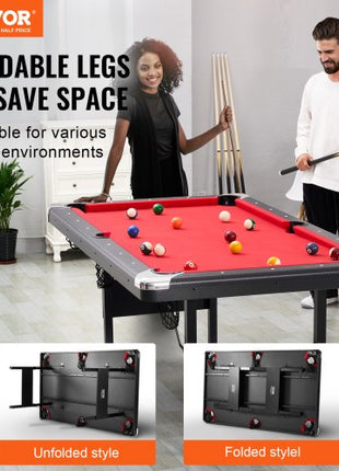 Billiards Table, 6.3 ft Pool Table, Portable Foldable Space-Saving Table, Billiard Table Set Includes Balls, Cues, Chalks and Brush, Black with Red Cloth, Perfect for Family Game Room Kid Adult