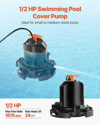 Pool Cover Pump, 1/2 HP 1575 GPH, 120V Submersible Swimming Pool Cover Pump with 25 ft Power Cord, 24 ft Max Head Lift, Water Removal and Transfer Pump, for Pool Draining Inflatable Water Parks